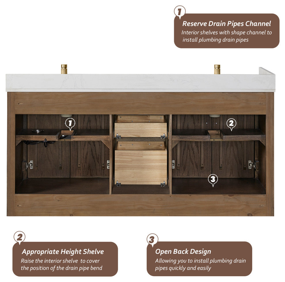 Jakarta Bath Vanity, Quartz Top No Mirror, Dark Brown Oak, 72", Double Vanity