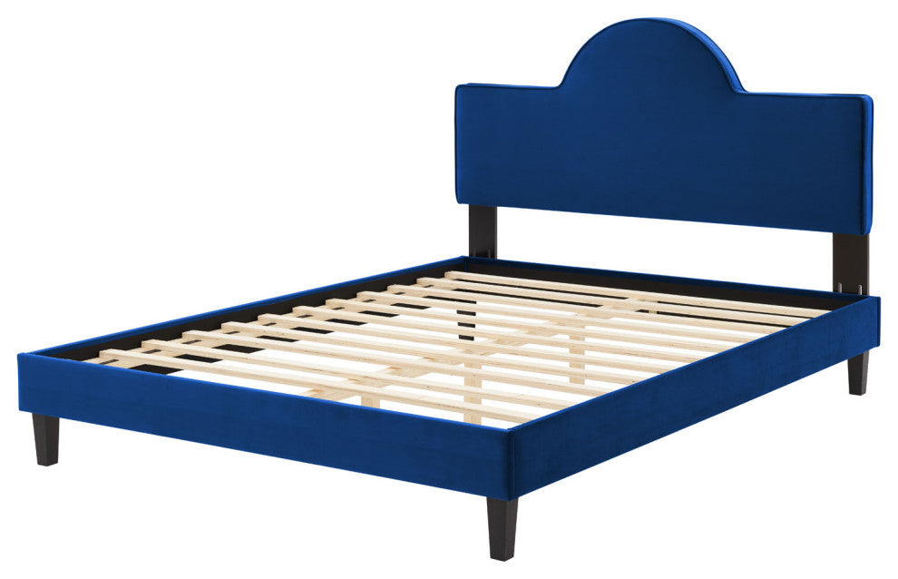 Platform Bed Frame, King Size, Blue Navy, Velvet, Modern, Bedroom Guest Suite