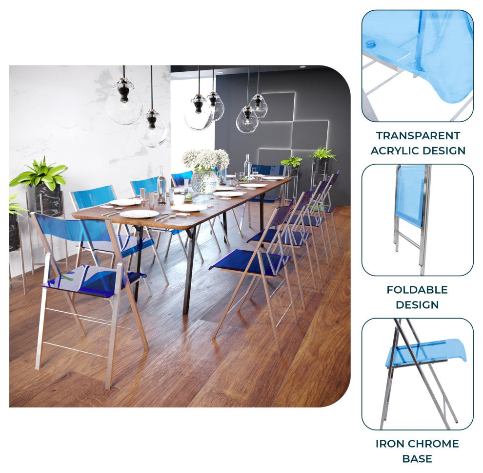 Menno Acrylic Folding Chairs Modern Stackable Foldable Dining Chair, Blue