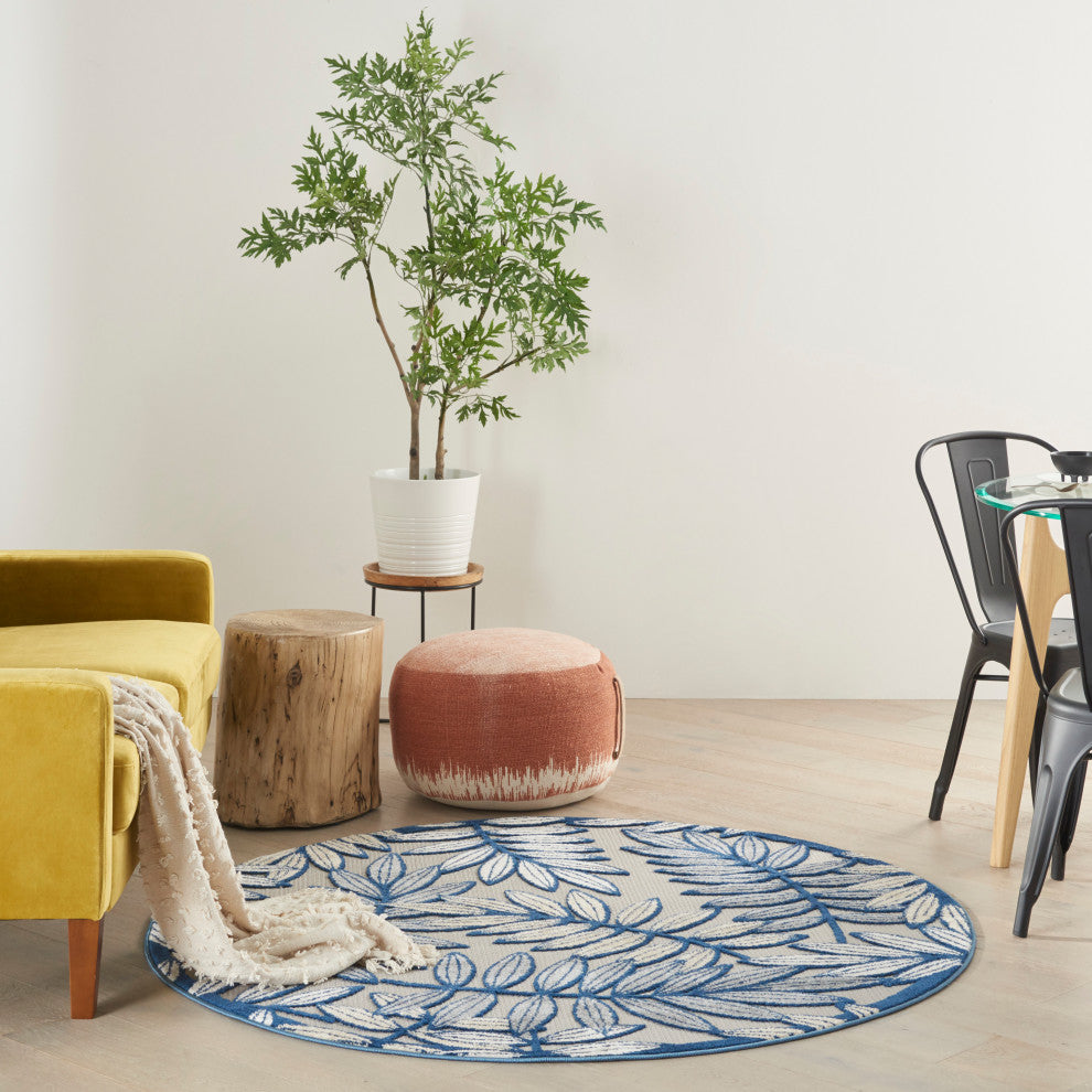 Nourison Aloha 4' x Round Ivory/Navy Tropical Area Rug