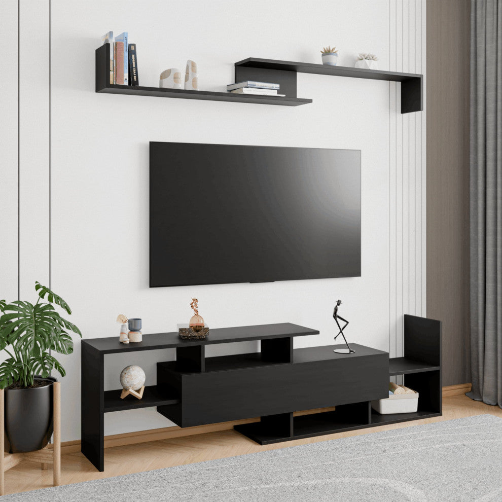 60.2'' 2 Pc 1-Drawer Floating TV Stand Media Console with Open Shelves, Ebony