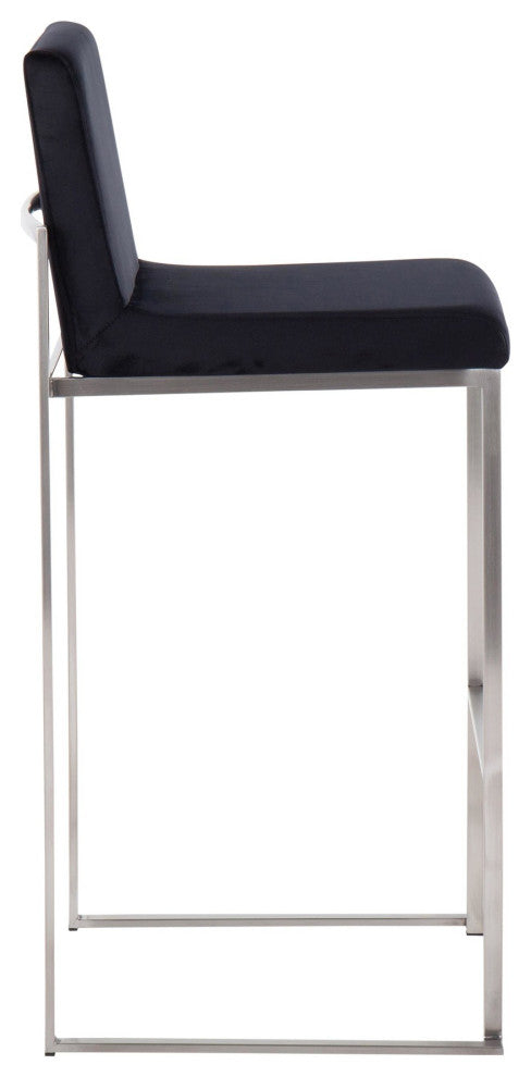 Fuji High Back Barstool, Stainless Steel/Black Velvet, Set of 2