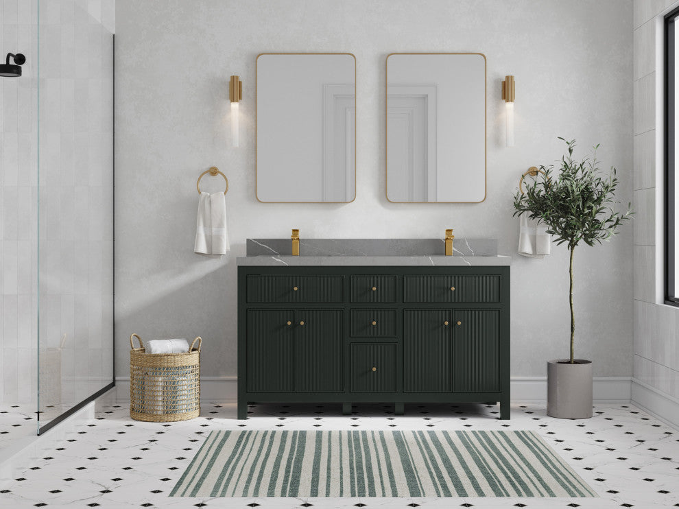 Sonoma 60 Double Sink Reeded Bathroom Vanity in Dark Forest Green 2" Piatra Gray