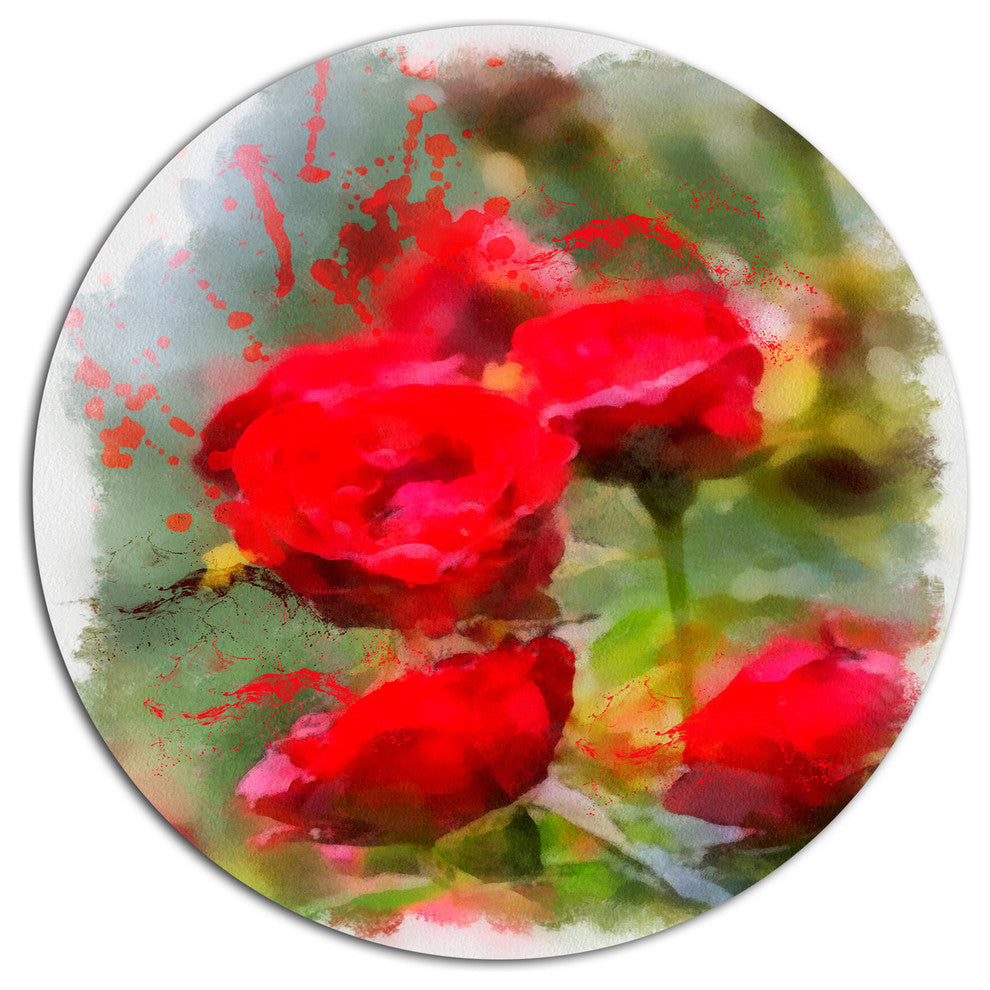 Red Roses On Green Watercolor, Flower Round Wall Art, 23"