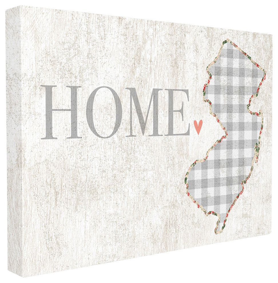 New Jersey Gray Gingham & Floral Heart & Home Canvas Wall Art, 16"x20"