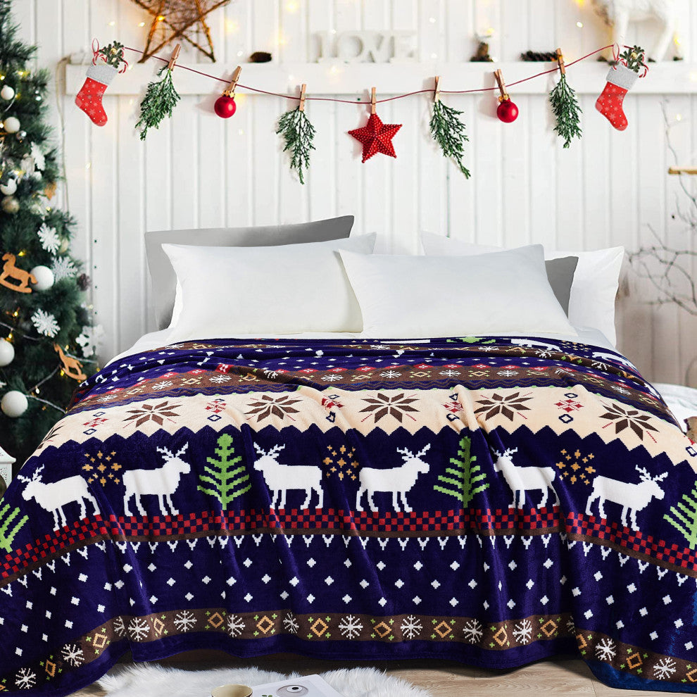 Christmas Deer Flannel Fleece Blanket, Blue Christmas Deer, Queen