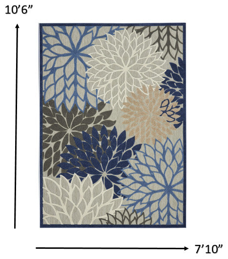 8' X 11' Blue And Gray Floral Indoor Outdoor Area Rug