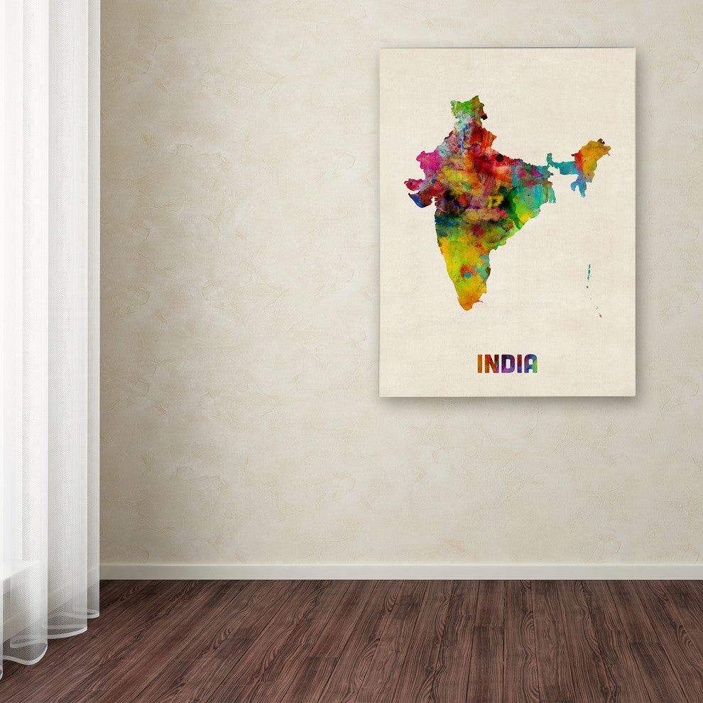"India Watercolor Map" Canvas Art by Michael Tompsett