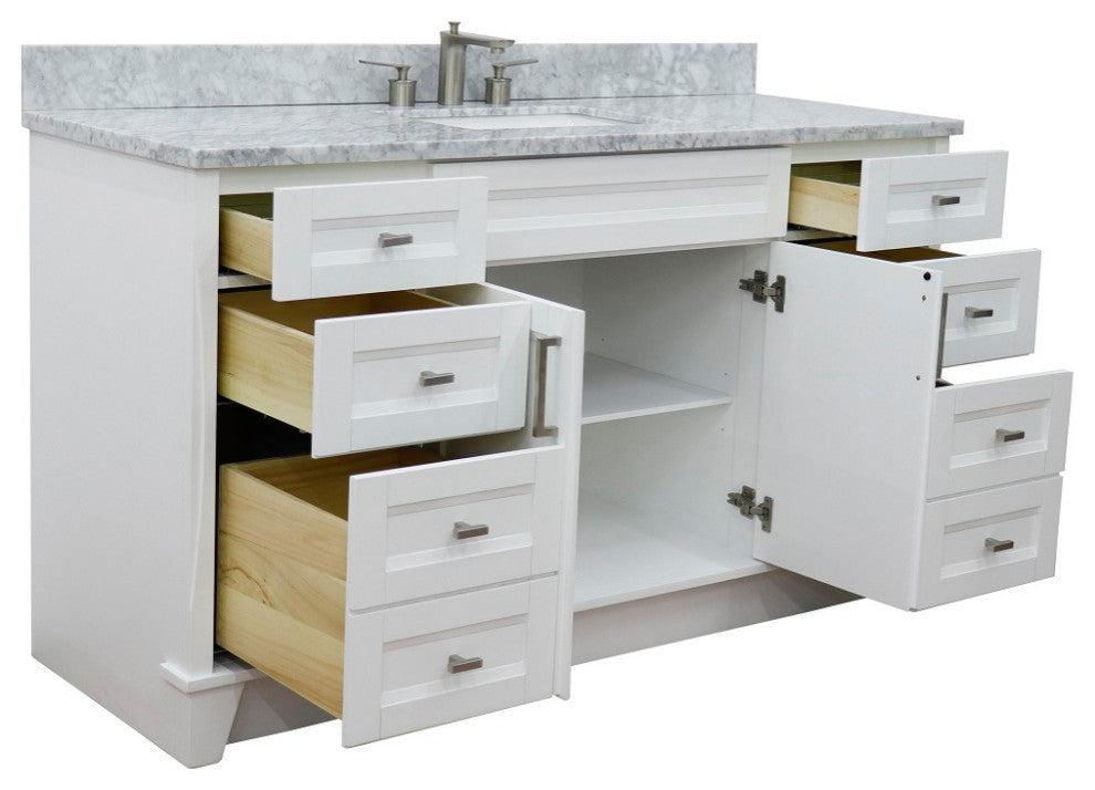 61" Single Sink Vanity, White Finish And White Carrara Marble