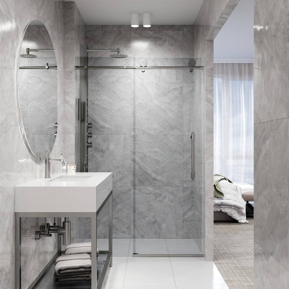 VIGO Elan Hart 56" to 60" W x 76" H Frameless Sliding Shower Door, Stainless Steel, Clear Glass