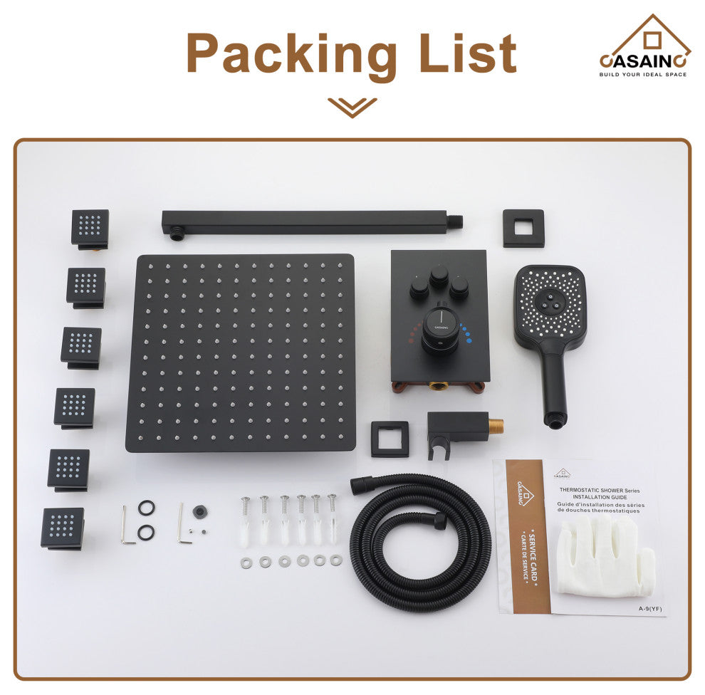CASAINC 12" Wall Mounted Rainfall Shower Head with 6 Body Jets Shower System, Matte Black