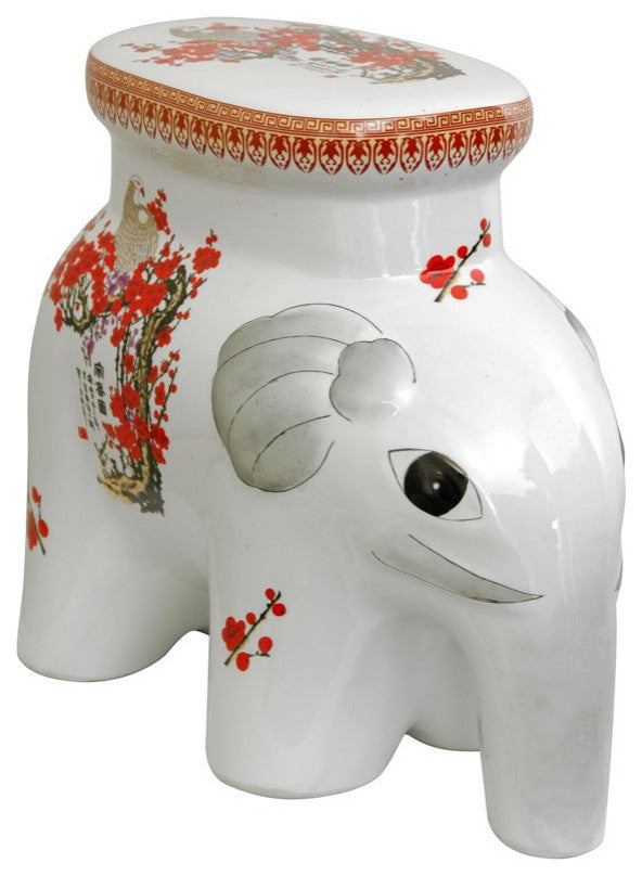 14" Cherry Blossom Porcelain Elephant Stool