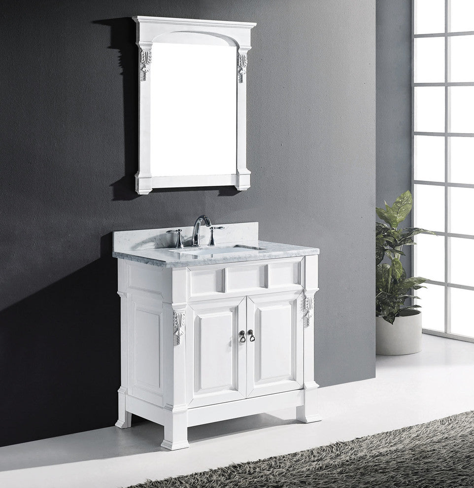 Virtu Huntshire 36" Single Bathroom Vanity, White With Faucet and Mirror