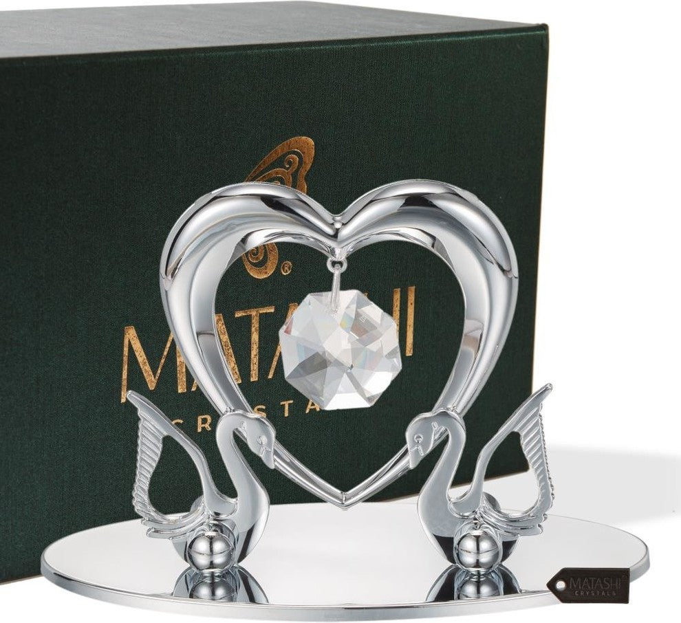 Chrome Plated Loving Swans With Heart Figurine Table-Top Ornament