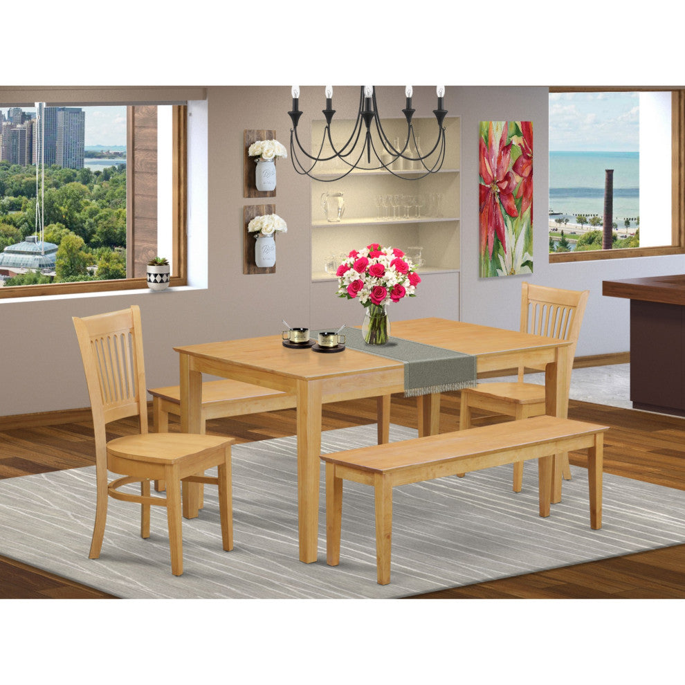 Cava5C-Oak-W 5-Piece table Set Table And 2 Dinette Chairs Together, 2 Benches