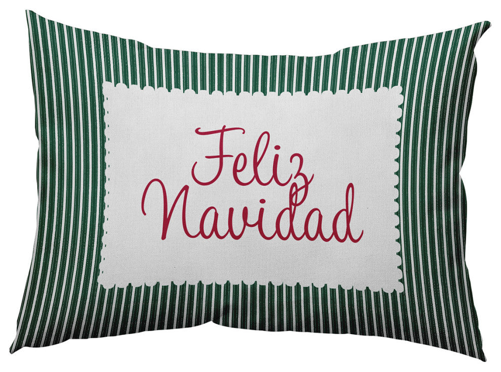 Feliz Navidad Ticking Accent Pillow, Forest Green, 14"x20"