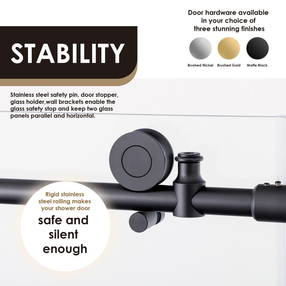 Lazaro Single Sliding Frameless Tub Door, Clear Glass, Matte Black, 60"wx58"h