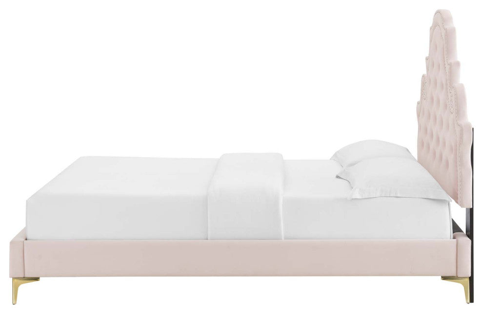 Tufted Platform Bed Frame, Twin Size, Velvet, Pink, Modern Contemporary, Bedroom