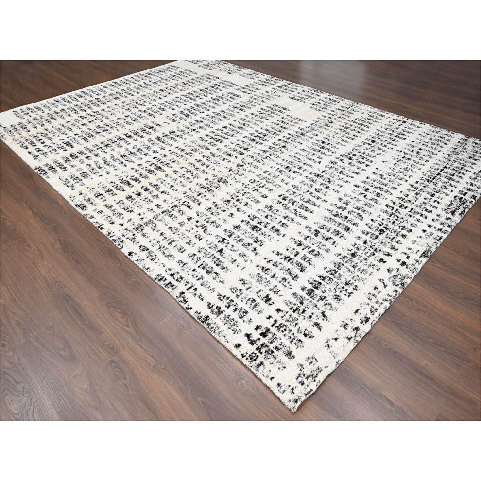 Vivid White Modern Design Organic Wool Hand Knotted Oriental Rug, 10'2"x13'9"