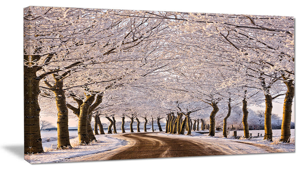 Trees And Road in White Winter, Landscape Canvas Art Print, 32"x16"