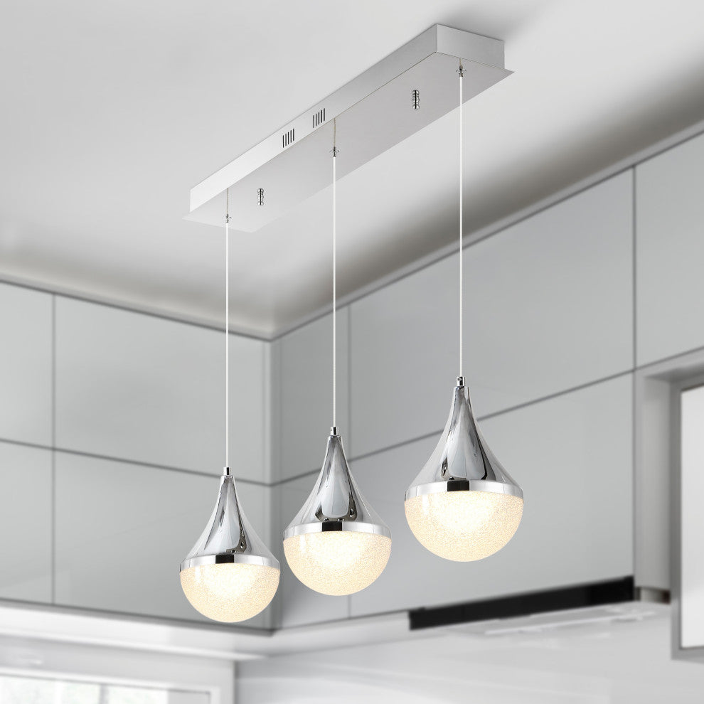 Elyse Teardrop 3-Light Iron/Acrylic Linear Pendant, Chrome/White, Width: 33"