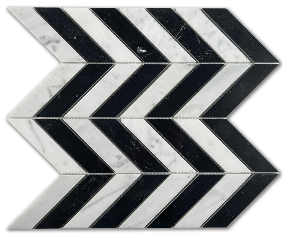 Carrara White & Nero Marquina Marble 1x4 Chevron Mosaic Tile Polished, 1 sheet