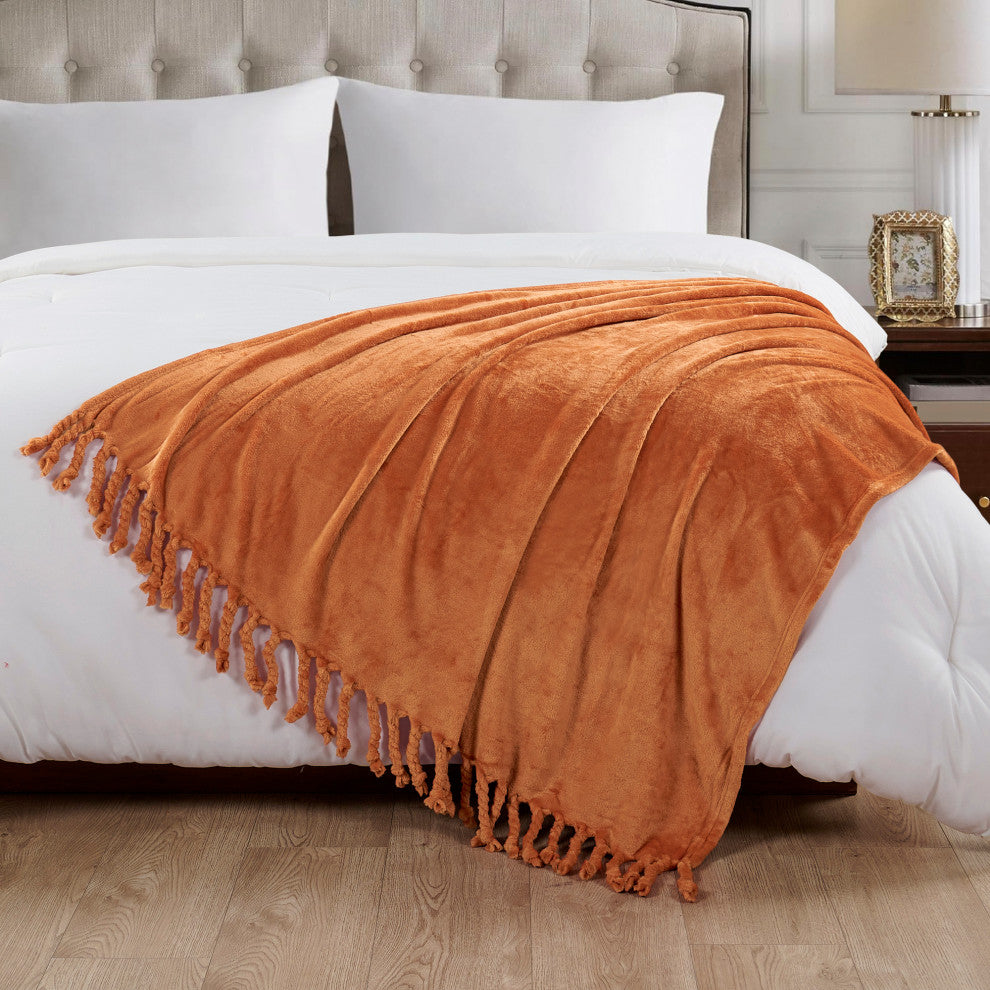 Braided Rope Flannel Fleece Throw, Burnt Orange, 60"x80"