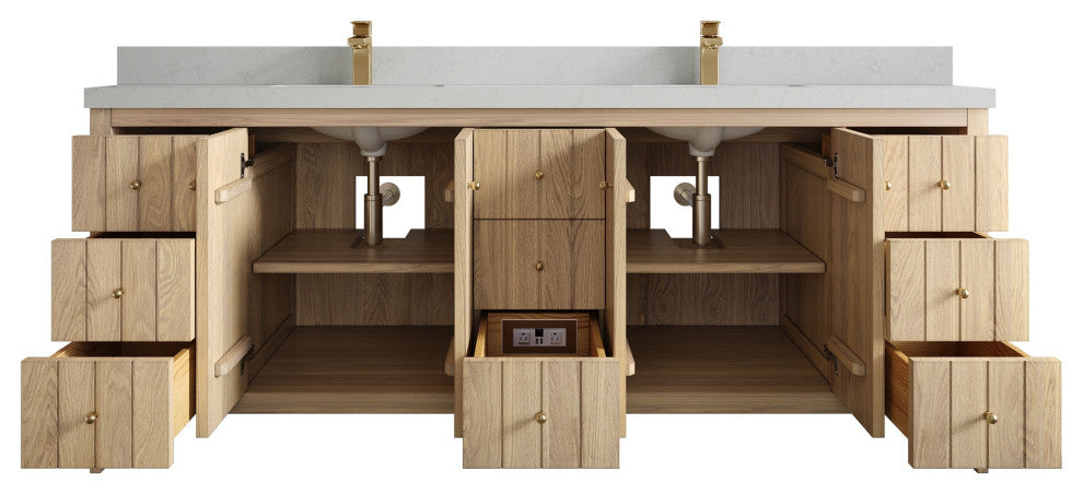 Atlanta Oak 84" Double Sink Bath Vanity, White 2" Carrara Quartz