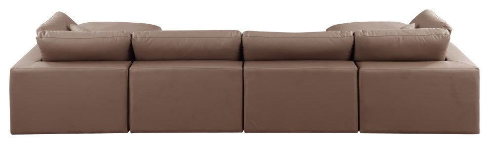 Comfy Upholstered U-Shaped Modular Sectional, Brown, 6-Piece: 2 Armless Chair, 2 Corner Chair, 2 Ottoman, Vegan Leather