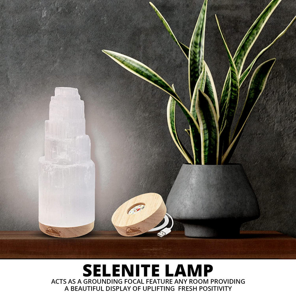 Selenite Crystal Lamp, Himalayan Wooden Base Lamp with USB Cable & LED Light