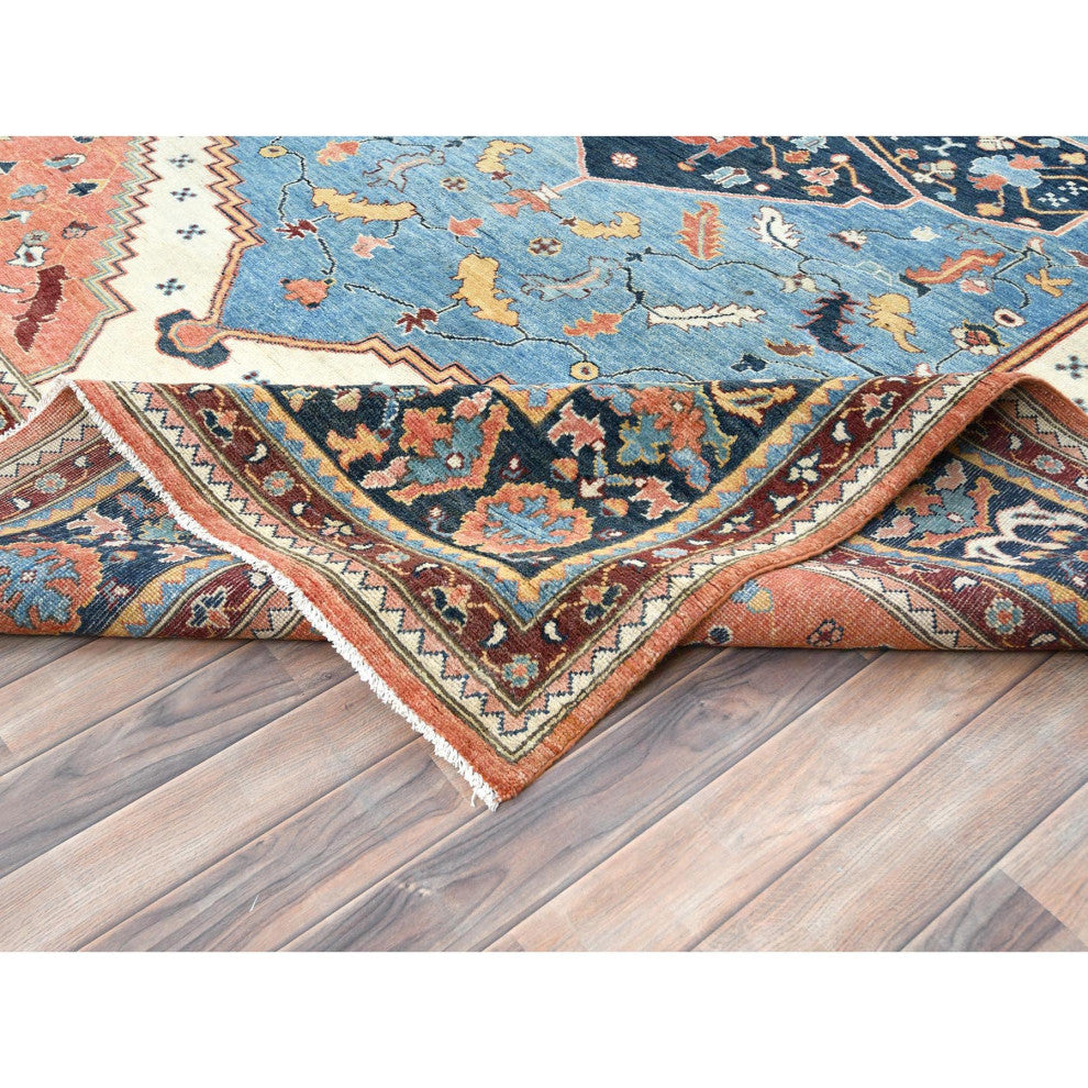 Light Blue Soft Wool Hand Knotted Serapi Heriz Design Rug, 9'0"x11'10"