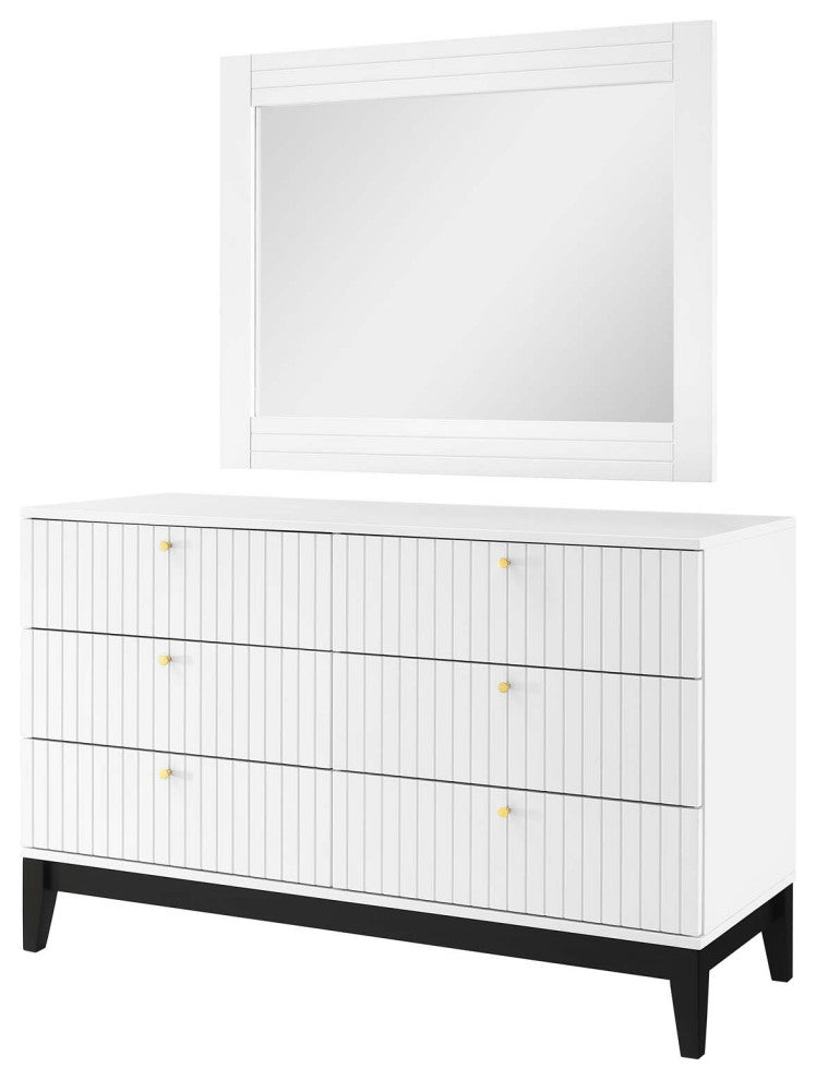 Dresser Drawer Chest Mirror Set, White, Wood, Modern, Mid Century Guest Suite
