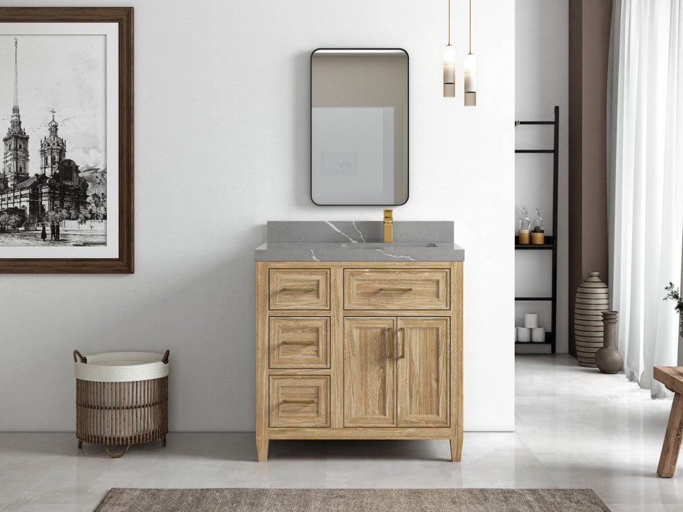 Santa Monica 36 Right Offset  Bath Vanity in Whitewashed Teak 2" Piatra Gray