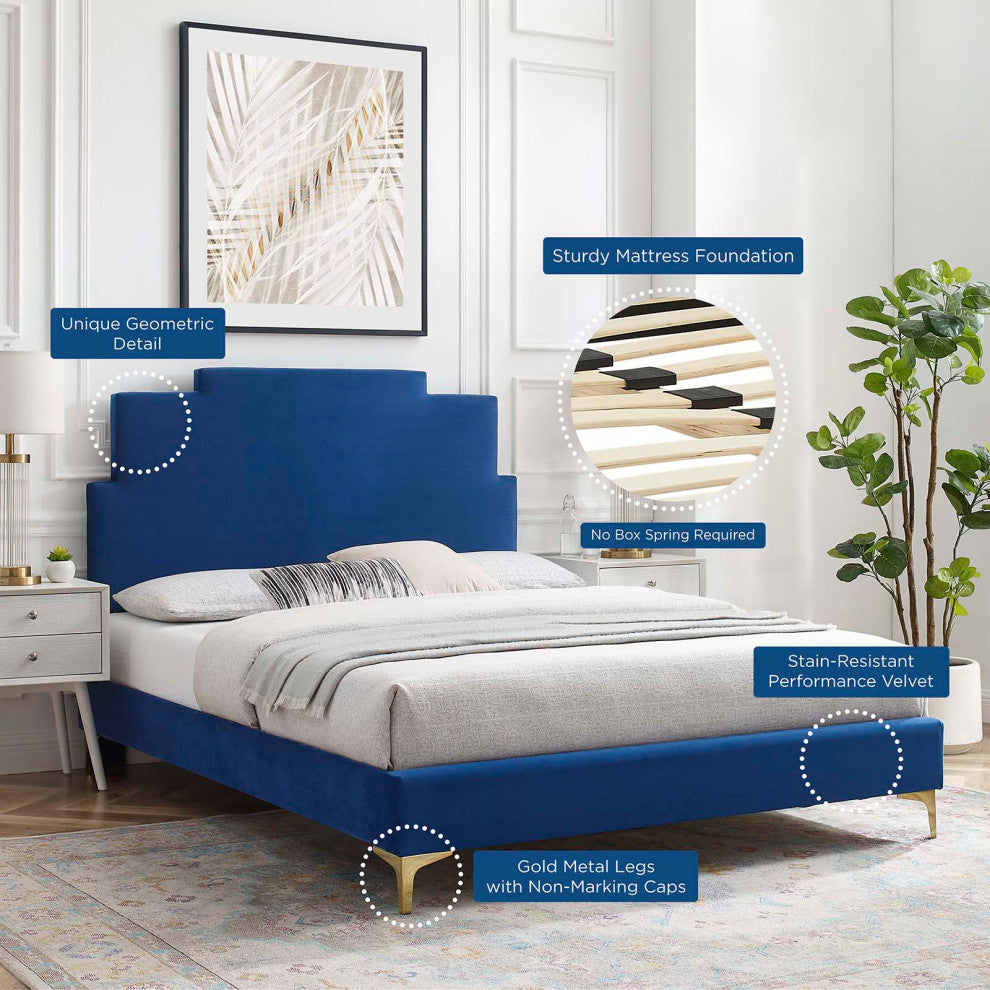 Platform Bed Frame, Full Size, Velvet, Blue Navy, Modern Contemporary, Bedroom