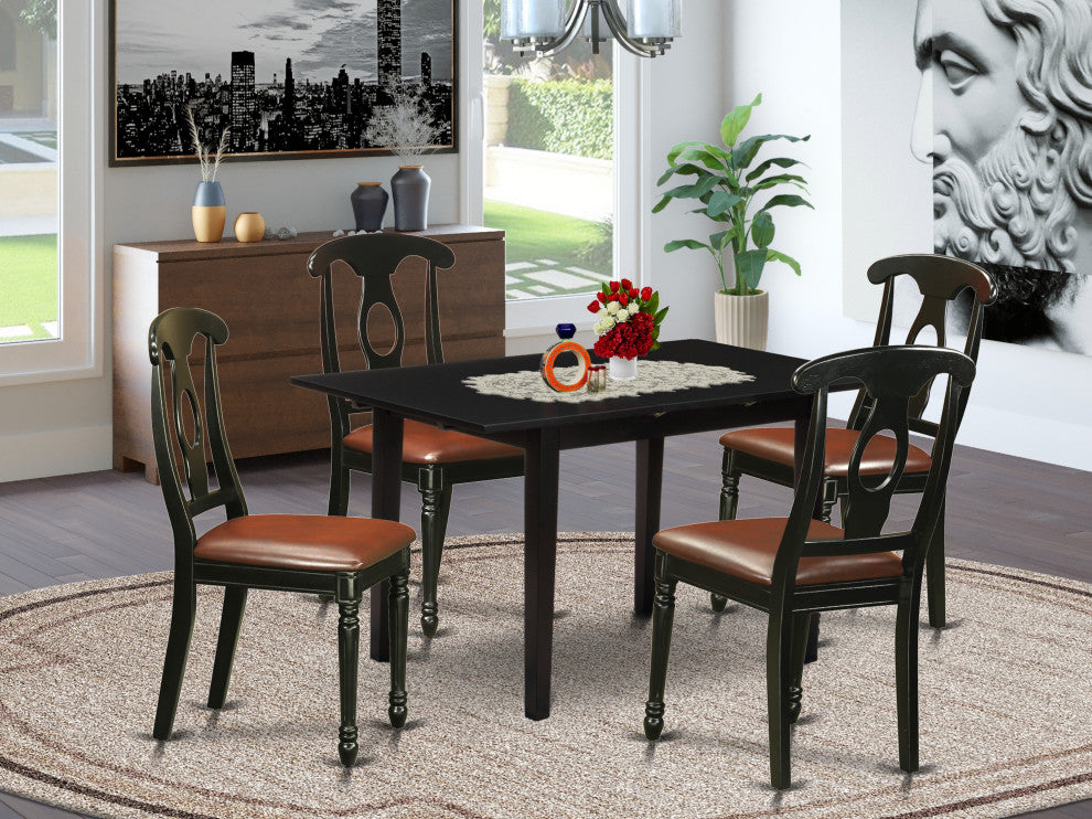 5-Pc Dining Set 4 Chairs, Faux Leather Seat, Table, Butterfly Leaf Top, Black