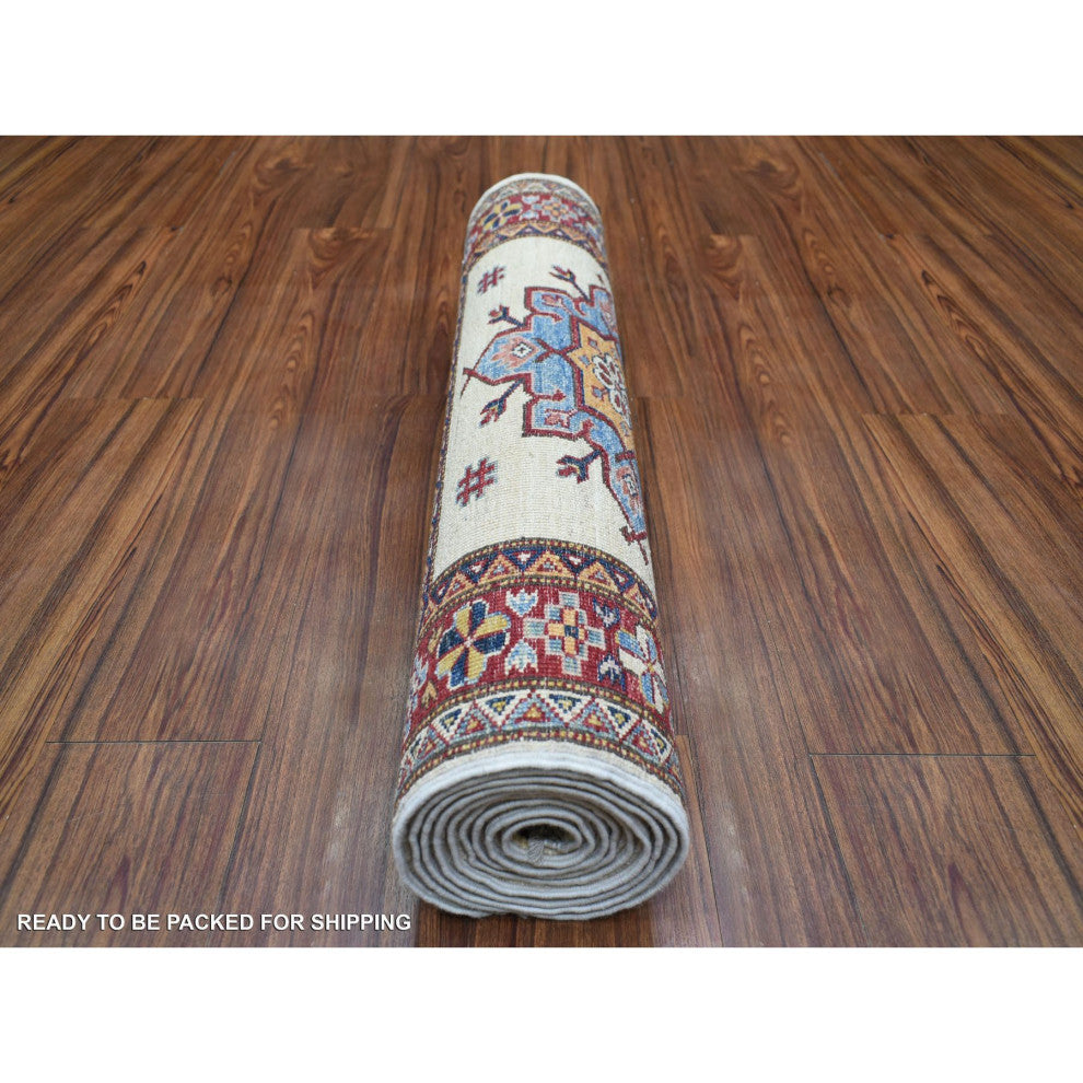 Ivory Afghan Super Kazak Hand Knotted Pure Wool Runner Rug, 2'8" x 9'4"