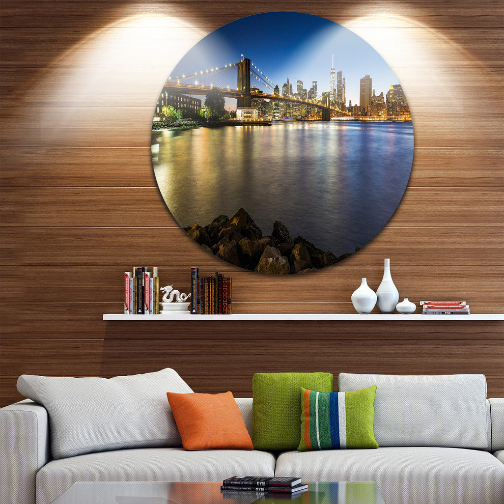 Distant View Of Brooklyn Bridge, Cityscape Round Wall Art, 11"