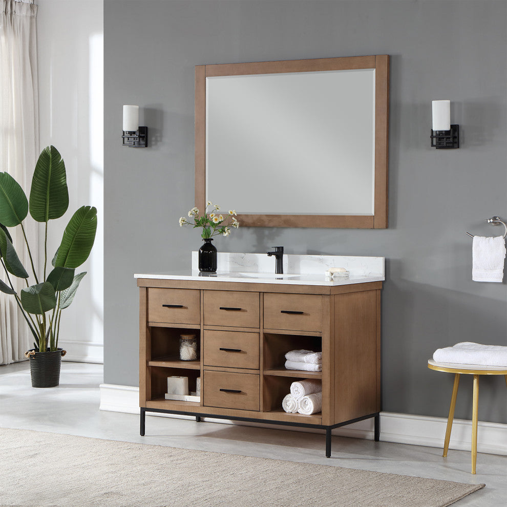 Kesia Brown Pine Bathroom Vanity Set, 48", With Mirror