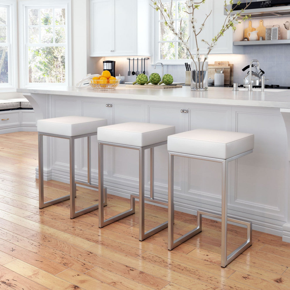Counter Stool Chair, Set of 2, Faux Vinyl Leather, Steel, White, Silver, Cafe