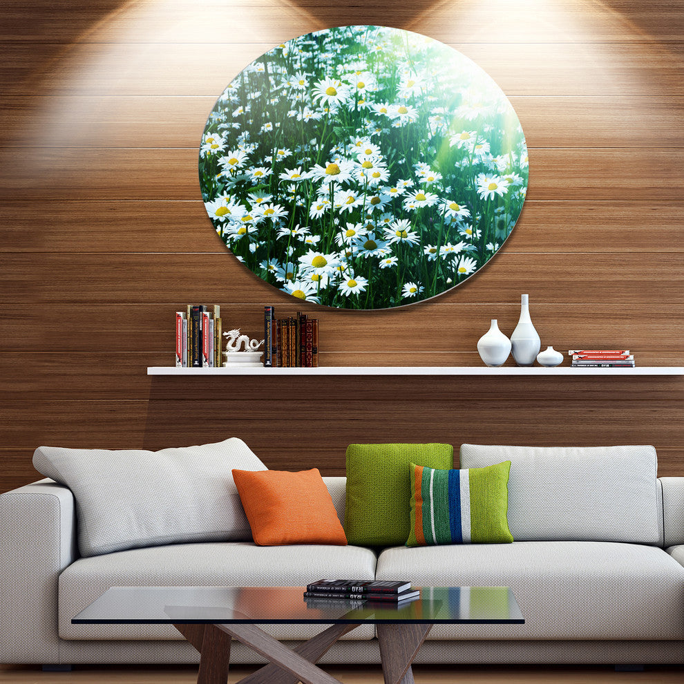 Sunny Garden With Cute White Flowers, Flower Disc Metal Wall Art, 36"