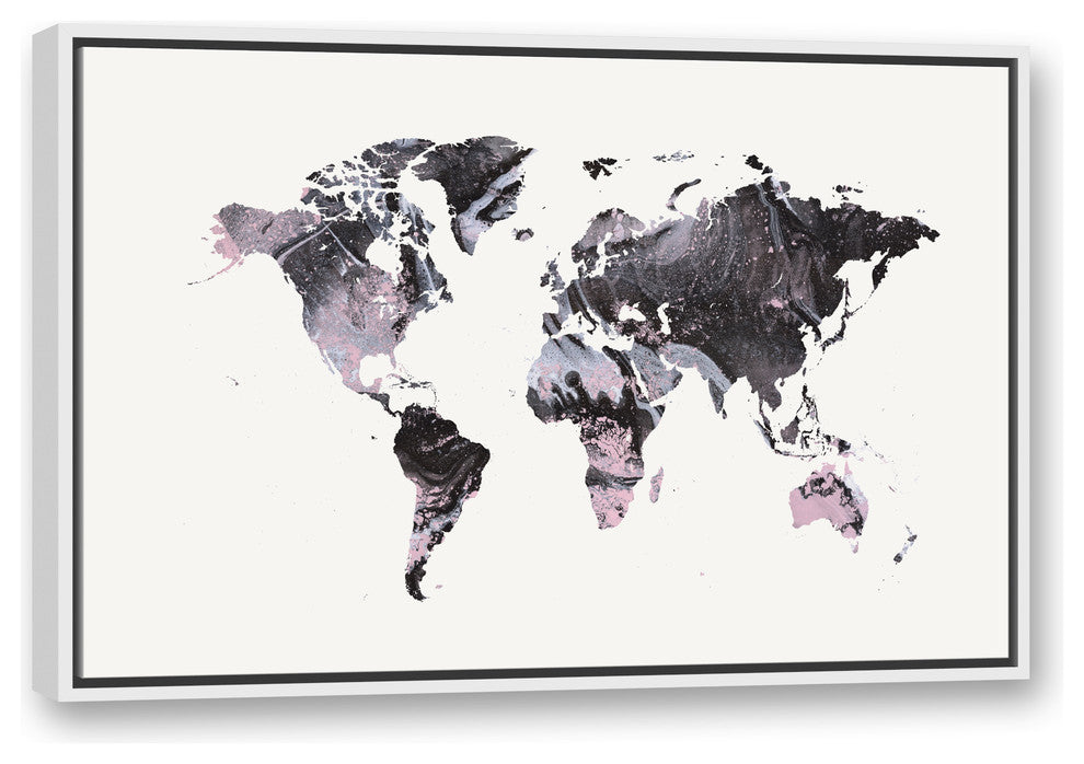 Gray World Map 24x36 White Floating Framed Canvas