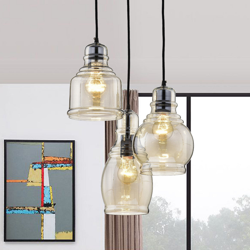 Sara Cognac Glass 3-light Cluster Pendant Chandelier Antique Black Finish
