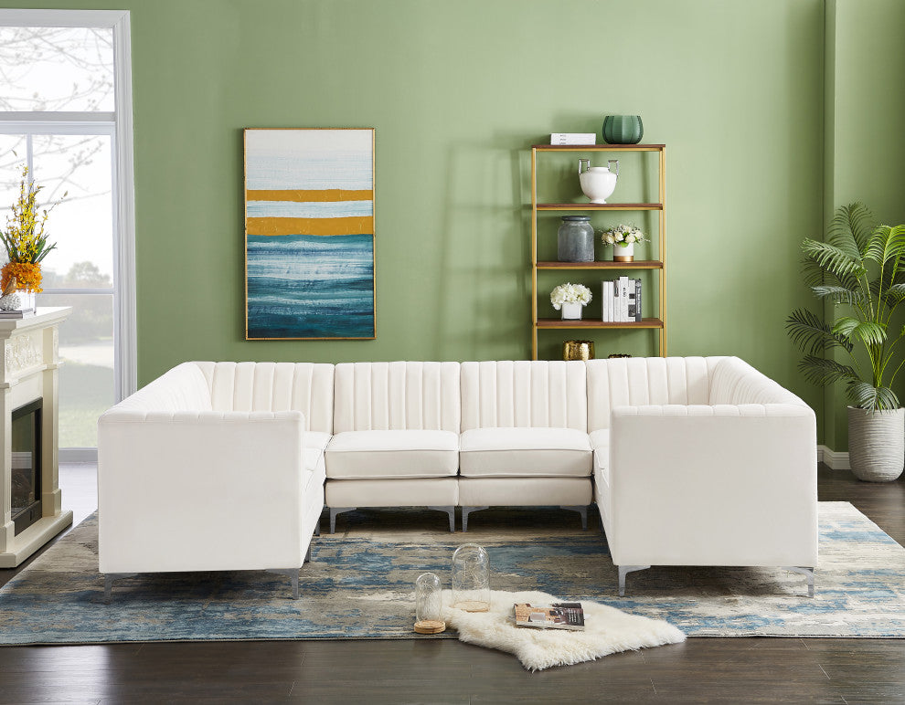 Alina Velvet Modular U-Shaped Sectional, Cream, 8-Piece: 4 Armless Chair, 4 Corner Chair