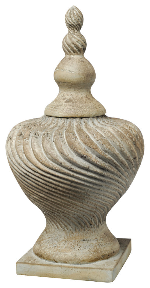 Benzara BM285565 22" Lidded Vase With Turned Finial & Swirl Pattern, White