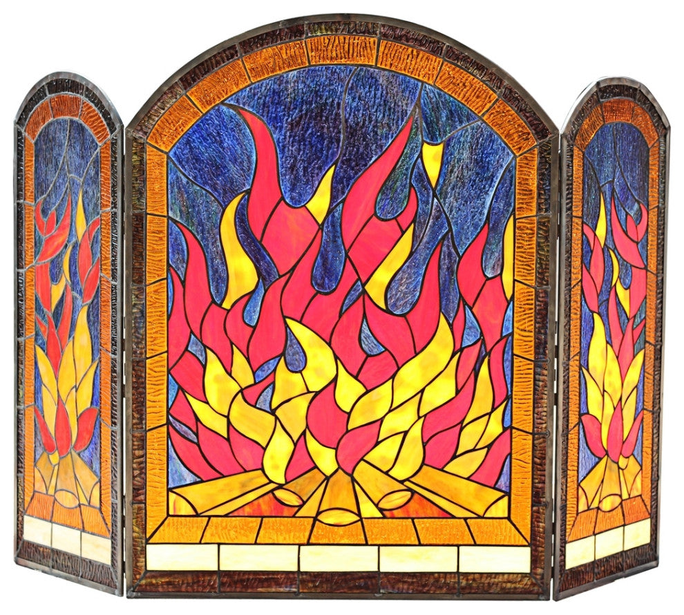 Chloe Lighting Flame Tiffany-Style 3Pcs Arched Folding Fireplace Screen 42" Wide