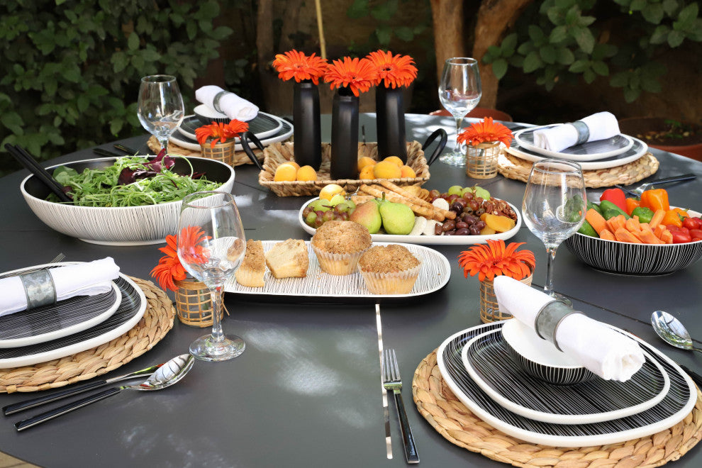 Black and White Dinnerware set, Black With White Lines, Small Oval Serving Bowl