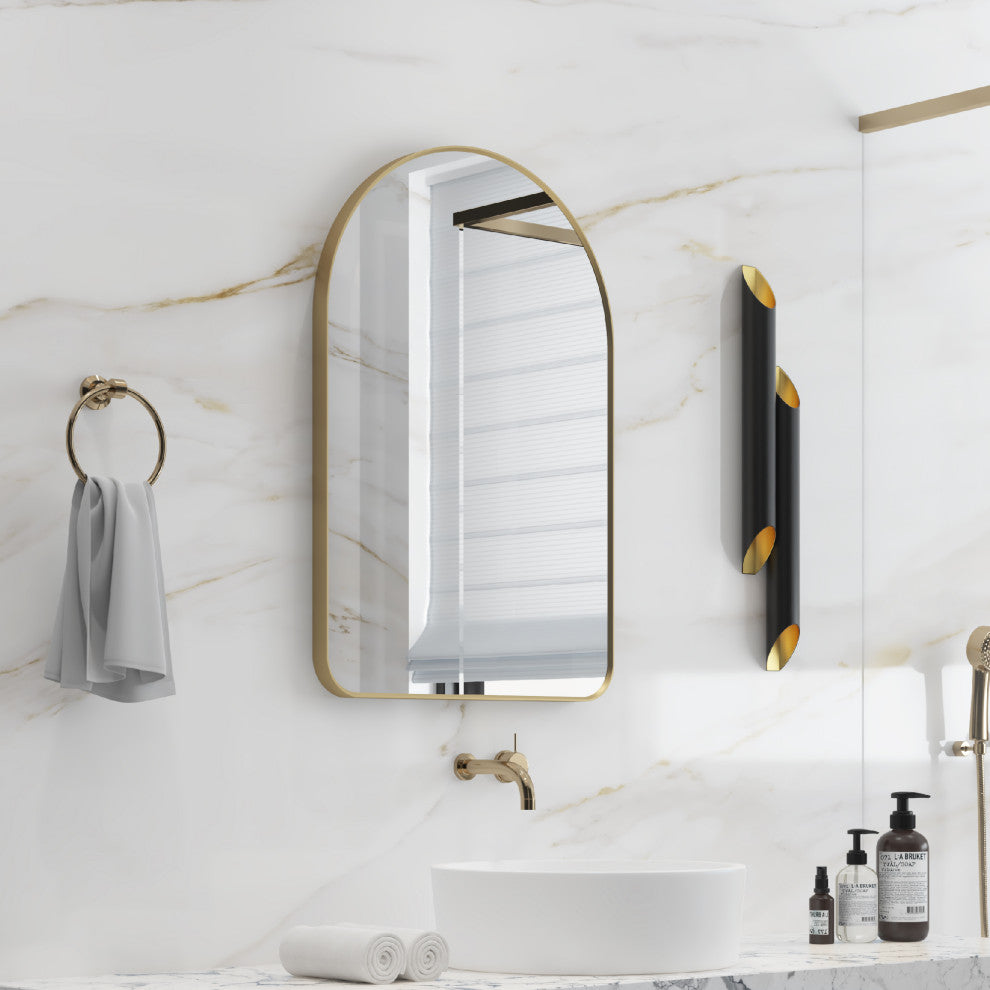24"x36" Arched Bathroom Wall-mounted Mirror with Aluminum Frame, Gold