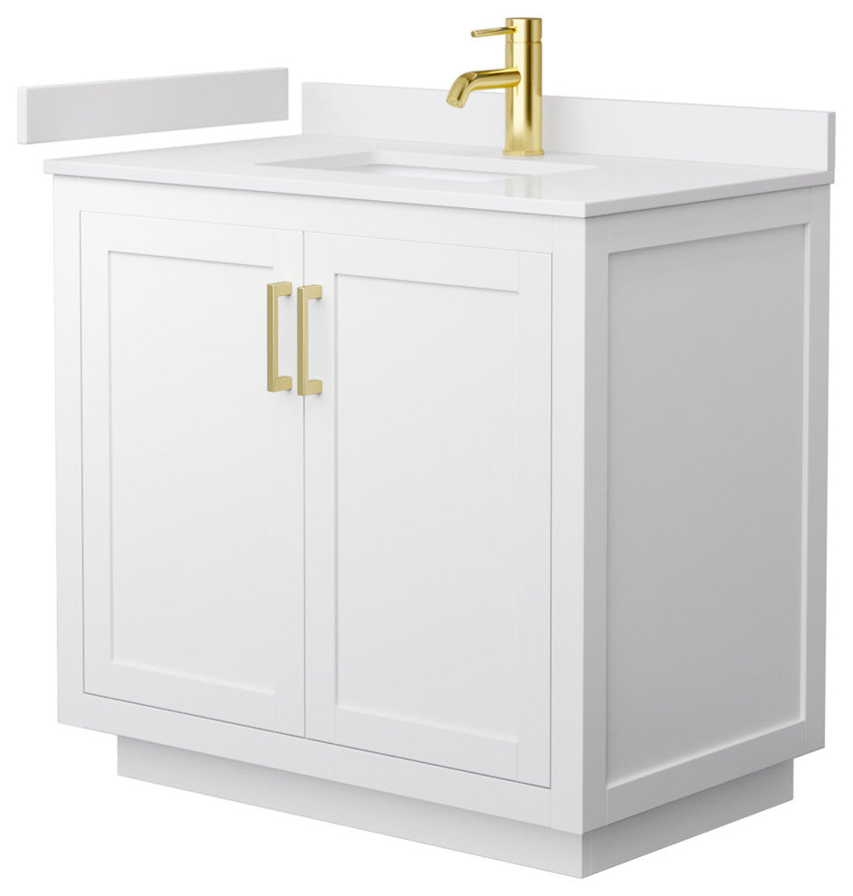 36" Single Bath Vanity, White, White Cult. Marble Countertop, Sink, Gold Trim