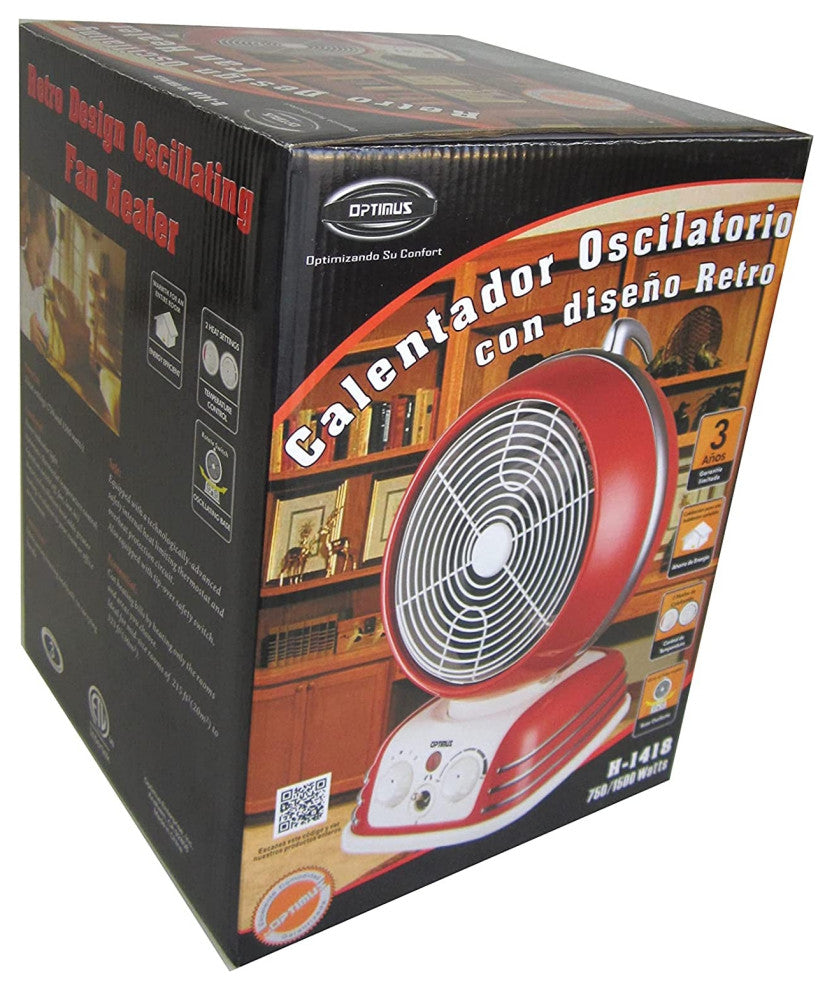 Optimus H1418 Red Retro Design Oscillating Fan Heater With 2