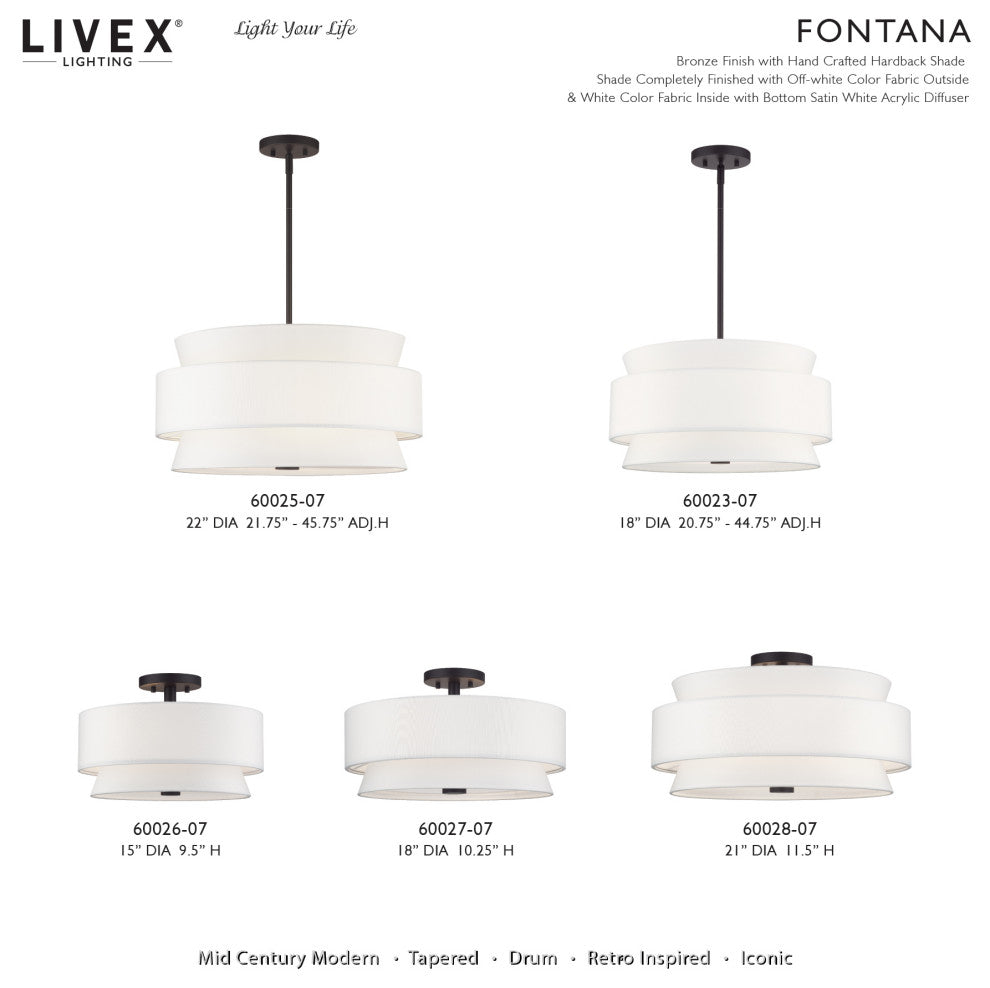Fontana 3 Light Bronze Large Semi-Flush with Hand Crafted Off-White Shades